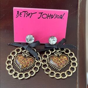 Betsey Johnson Leopard Heart Earrings with Gold Chain